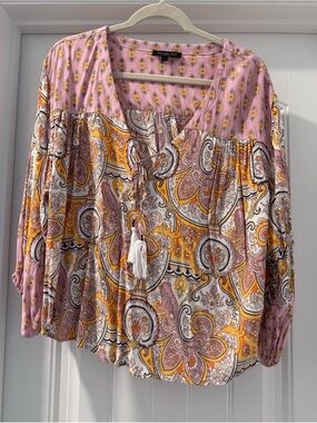 Rachel Zoe Pink & Yellow Paisley Boho Tie-Front Blouse
